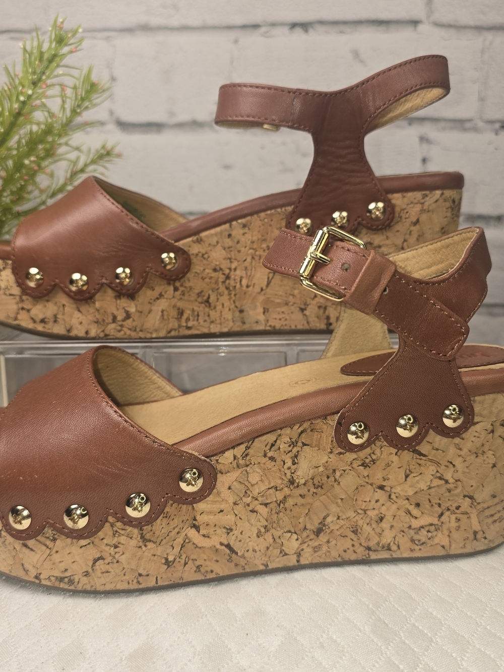 BUSSOLA MANSFIELD PLATFORM WEDGE SANDAL BROWN LEATHER CORK WOMENS 38 - Picture 5 of 14